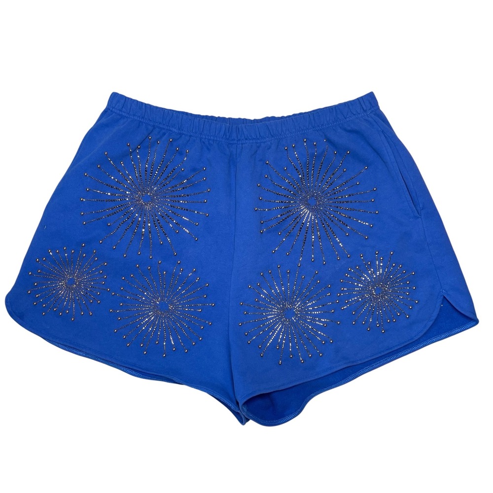 Queen of Sparkles Women Blue Rhinestone Firework Embellished Shorts 2XL